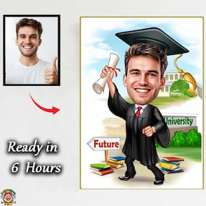 Graduation Cartoon Portrait for Him – Personalized Male Caricature with Football and Books, Great Gift for Teen Boysman graduation