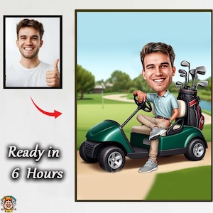 Karikatuur van de golfbaan – Aangepast mannelijk golferportret voor verjaardag of pensioen Sportfoto naar cartoon Perfect cadeau Digitaal ontwerp caricatu