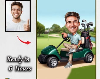 Golf Course Caricature – Custom Male Golfer Portrait for Birthday or Retirement Sports Photo to Cartoon Perfect Gift Digital Design caricatu