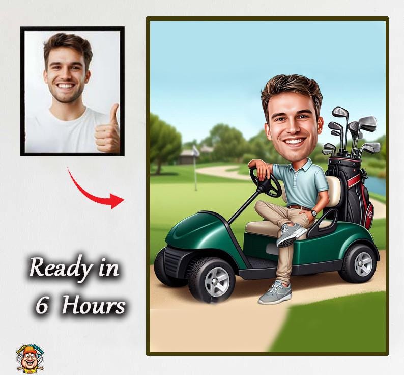 Caricatura del campo da golf - Ritratto personalizzato di un golfista maschile per compleanno o pensione. Foto sportiva trasformata in un cartone animato, regalo perfetto, design digitale caricaturale.