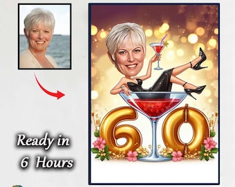 Funny 60th Birthday Caricature for Her | Personalized Cartoon Portrait | Custom Gift for Woman | Celebrate 60Years with a Smile