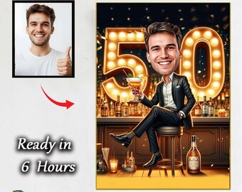 50 Year Old Man Caricature– Custom Digital Portrait, Funny Cartoon Birthday Gift for Dad, Husband, or Male Friend Perfect Personalized Gift
