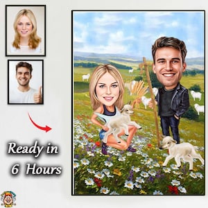 Farm Couple Caricature with Lambs – Custom Cartoon Portrait of Man and Woman in Flower Field with Sheep, Rustic Animal Lover Digital Artwork