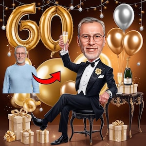 Dibujo de caricatura de 60 cumpleaños: retrato personalizado para hombre, idea de regalo única para papá o esposo que cumple 60 años, arte digital.