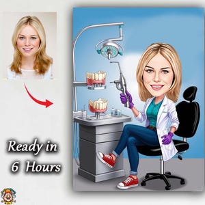 Female Dental Doctor Caricature – Custom Drawing with Tools, Chair & Background Scene Caricature Gift for Dentist and caricature girl dental