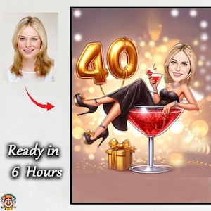Caricature personnalisée pour 40e anniversaire pour femme | Portrait de dessin animé personnalisé à partir de la photo | Cadeau amusant pour 40e anniversaire | « Unique Party Surprise » pour femme