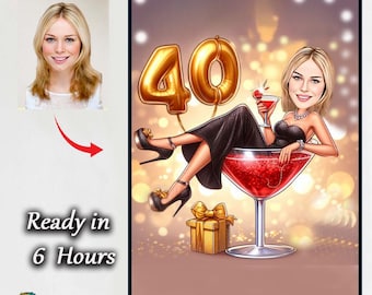 Custom 40th Birthday Caricature for women | Personalized Cartoon Portrait from Photo | Funny 40th Birthday Gift | Unique Party Surprise&quot; wom