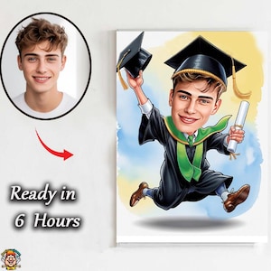 Caricatura de graduación personalizada a partir de una foto: retrato divertido de dibujos animados, regalo de graduación personalizado, dibujo de graduado, arte de la clase 2025, graduación