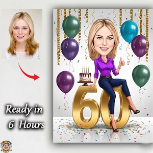 Digital Caricature for 60th Birthday – Custom Cartoon Portrait of Woman, Personalized Gift Idea for Mom, Wife, or Friend Turning 60 birthday