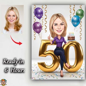 Turning 50 Cartoon Portrait - Benutzerdefinierte digitale Karikatur für Frau, personalisierte Geburtstagsgeschenkidee für Mutter, Frau, Schwester oder Freundin Karikatur
