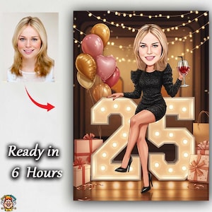 Custom 25th Cartoon Portrait | 25th Caricature | Personalized Happy Birthday Caricature | 25th Birthday Cartoon | 25th Birthday Caricature