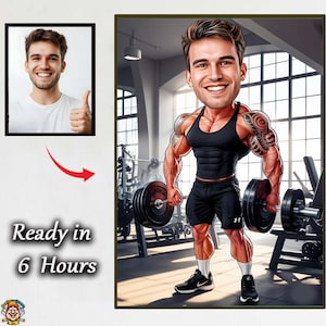 fitness coach Cartoon Caricature for Men –Custom Bodybuilder Portrait with Kettlebell, Personalized Gym TrainerAthlete Gift DrawinFunny Gift