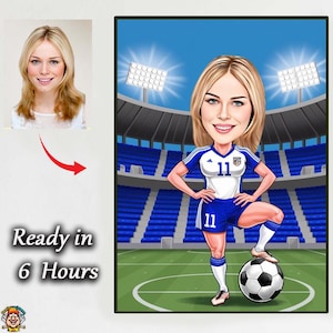 Women’s Football Caricature – Custom Digital Cartoon Portrait for Female Soccer Star, Personalized Gift for Athlete, Coach or Team Player