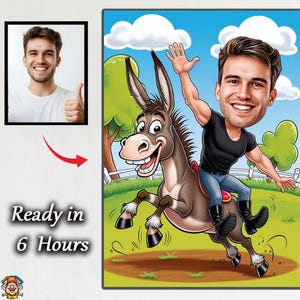 Funny Donkey Ride Caricature – Custom Cartoon Portrait on Farm AnimalCaricature, Custom Cartoon, Caricature from Photo man boy man donkey
