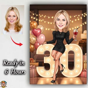 Custom 30th Cartoon Portrait | 30th Caricature | Personalized Happy Birthday Caricature Drawing | 30th Birthday Cartoon, Birthday Caricature