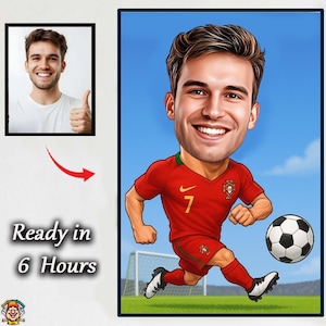 Portrait caricature de football masculin - Cadeau personnalisé de joueur de football, dessin numérique de dessin animé à partir d&#39;une photo, caricature d&#39;homme oeuvre de sport drôle