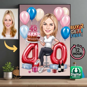 Custom 40th Woman Cartoon Portrait, Personalized Birthday Gift, 40th Birthday Caricature, Birthday Cartoon, Woman's Birthday Funny Gift girl