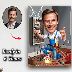 Regalo de caricatura de electricista, obra de arte personalizada en honor a profesionales cualificados, caricatura de electricista, regalos para linieros, ingeniero eléctrico