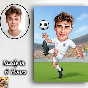 Caricatura de jugador de fútbol personalizada / Dibujo animado personalizado a partir de una foto / Regalo de equipo de fútbol femenino / Retrato artístico de caricatura de fútbol femenino o masculino