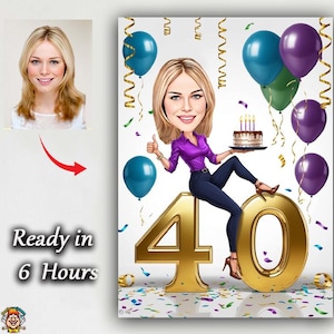 Custom 40th Birthday Caricature for women | Personalized Cartoon Portrait from Photo | Funny 40th Birthday Gift | Unique Party Surprise&quot; wom