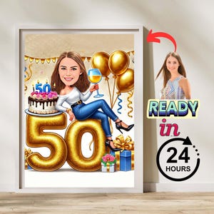 Karikatuur 50e verjaardag | Grappig portret voor hem en haar | Gepersonaliseerde digitale cartoon | Uniek cadeau voor 50-jarige| Mijlpaal verjaardagskunst