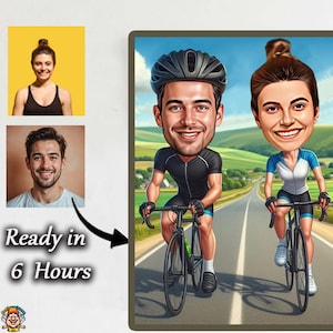Custom Couple Cycling Cartoon Portrait | Biker Gift | Personalized Cyclists Caricature Drawing from photo | Couple Cyclist | Couple Gift