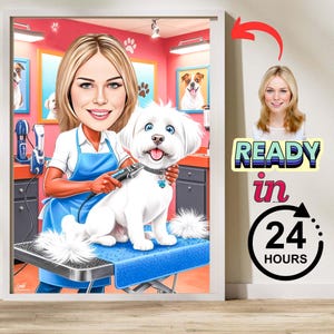 Huisdier trimmer cartoon portret van foto, grappige huisdier trimmer cadeau voor vrouwen, huisdier trimmer karikatuur tekening, honden trimmer digitale kunst