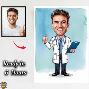 Doctor Caricature for Men – Custom Cartoon Portrait of Male Doctor in White Coat with Stethoscope Personalized Medical Gift for Graduation