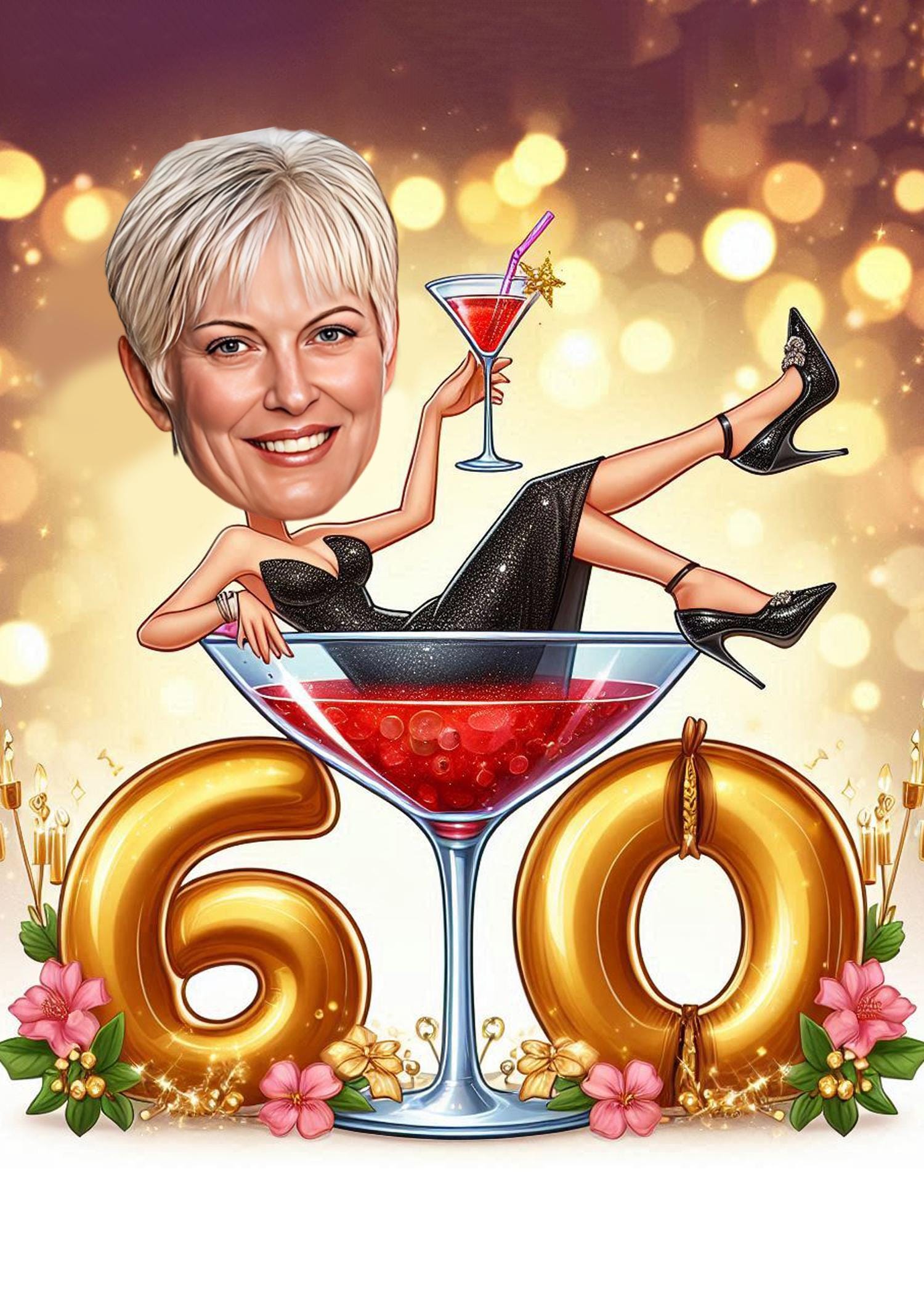 Funny 60th Birthday Caricature for Her | Personalized Cartoon Portrait ...