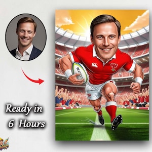 Caricatura personalizzata di un giocatore di rugby / Disegno di un cartone animato personalizzato da foto / Regalo di rugby per lui / Divertente ritratto artistico di un giocatore di football americano, carica