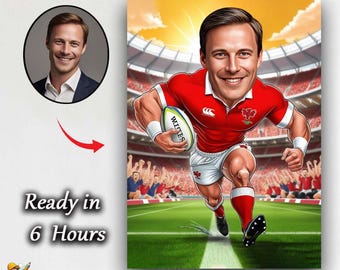 Custom Rugby Player Caricature | Personalized Cartoon Drawing from Photo | Rugby Gift for Him | Funny American Football Portrait Art, carica