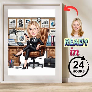 Office Lady Caricature – Personalized Cartoon Drawing from Photo, Woman at Work Desk Illustration, Custom Career Gift for Her"caricature