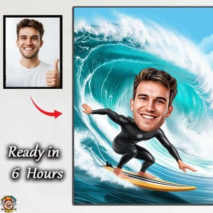 Wave Riding Caricature – Custom Cartoon Portrait of Female Surfer in Wetsuit, Personalized Beach Gift funny caricature man funny dighatal