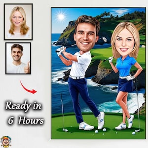 Golf Couple Caricature –Custom Cartoon Portrait of Man andWoman Playing Golf on Scenic Ocean Course,Personalized Sports Gift for Golf Lovers