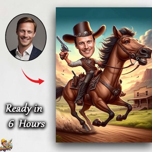 Portrait de dessin animé de cow-boy personnalisé | Dessin personnalisé de caricature de cow-boy | Bande dessinée drôle de rodéo | Cadeau pour rodéo | Cadeau unique Rodéo - Cowboy