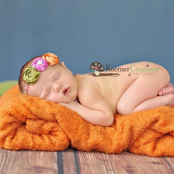 Pink, Orange, Moss Headband-Baby Girl Headband-Newborn Headband-Infant Headband-Baby Headband-Rosette Headband-Photo Prop-Toddler Headband