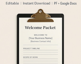 Pode incluir: Uma prancheta preta com um clipe dourado segurando um Welcome Packet branco. O pacote inclui campos para um cronograma do projeto, escopo do trabalho e informações de contato. O texto "Freelancer Onboarding Kit" está no topo.