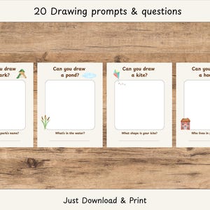 May include: Four cream-colored drawing prompt cards with illustrations and questions, including "Can you draw a park?" and "Can you draw a house?" The text "20 Drawing prompts & questions" is at the top, and "Just Download & Print" is at the bottom.