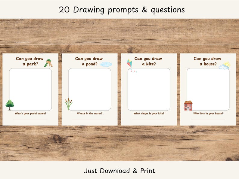 May include: Four cream-colored drawing prompt cards with illustrations and questions, including "Can you draw a park?" and "Can you draw a house?" The text "20 Drawing prompts & questions" is at the top, and "Just Download & Print" is at the bottom.