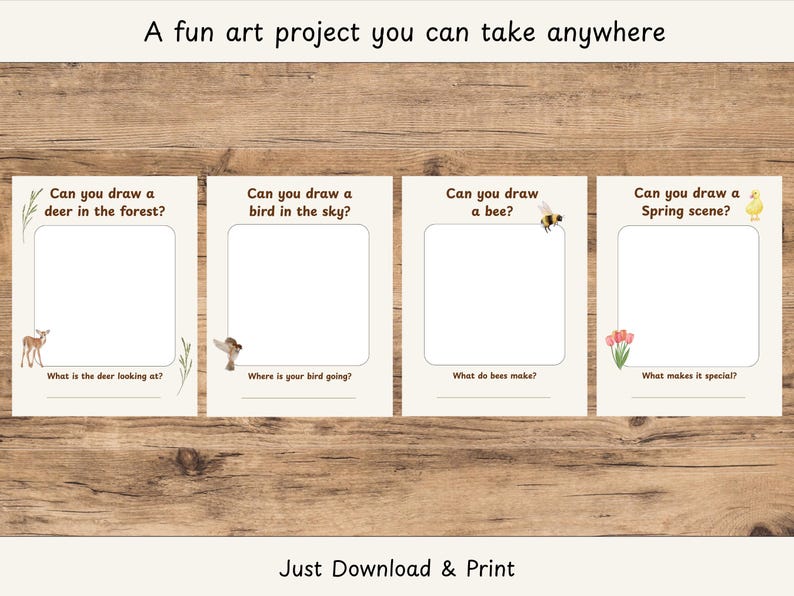 May include: Four printable art project cards with prompts: "Can you draw a deer in the forest?", "Can you draw a bird in the sky?", "Can you draw a bee?", and "Can you draw a Spring scene?" Each card has a blank space for drawing and a question.