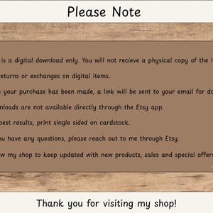 May include: A digital download notice with a brown background and white text. The text includes notes about digital downloads, returns, and how to contact the seller. A yellow flower is in the bottom right corner. The text "Thank you for visiting my shop!" is at the bottom.