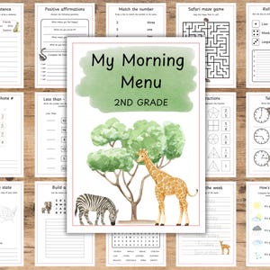 Può includere: Una raccolta di fogli di lavoro educativi per studenti di seconda elementare. La pagina centrale presenta un'illustrazione ad acquerello di una giraffa e una zebra sotto un albero, con il testo "My Morning Menu". Altre pagine includono attività di matematica, scrittura e scienze.