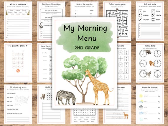 2nd Grade Morning Menu, African Safari Theme, Homeschool Printable Pack, African Animals, Second Grade Worksheets, Morning Basket