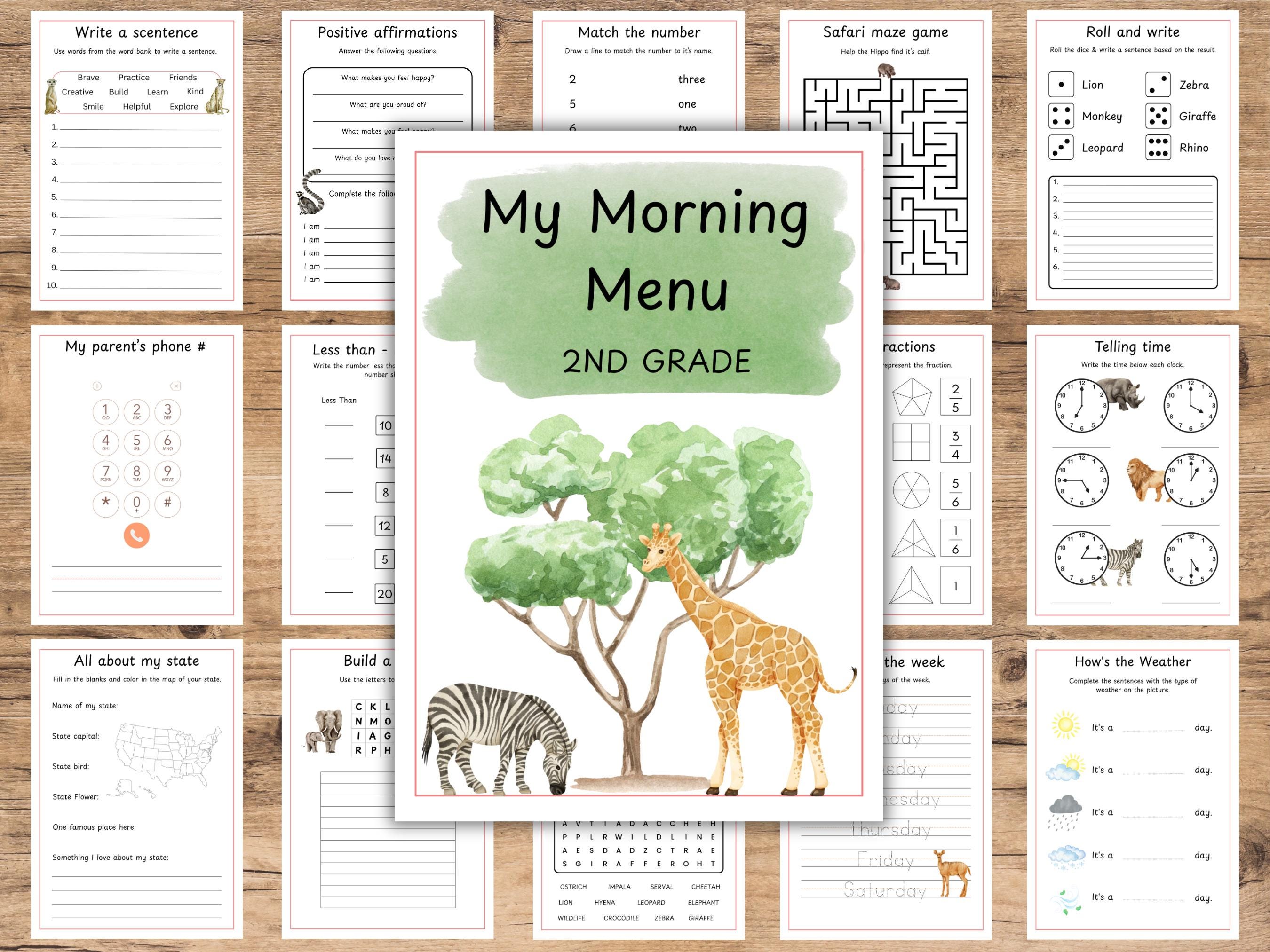 2nd Grade Morning Menu, African Safari Theme, Homeschool Printable Pack, African Animals, Second Grade Worksheets, Morning Basket