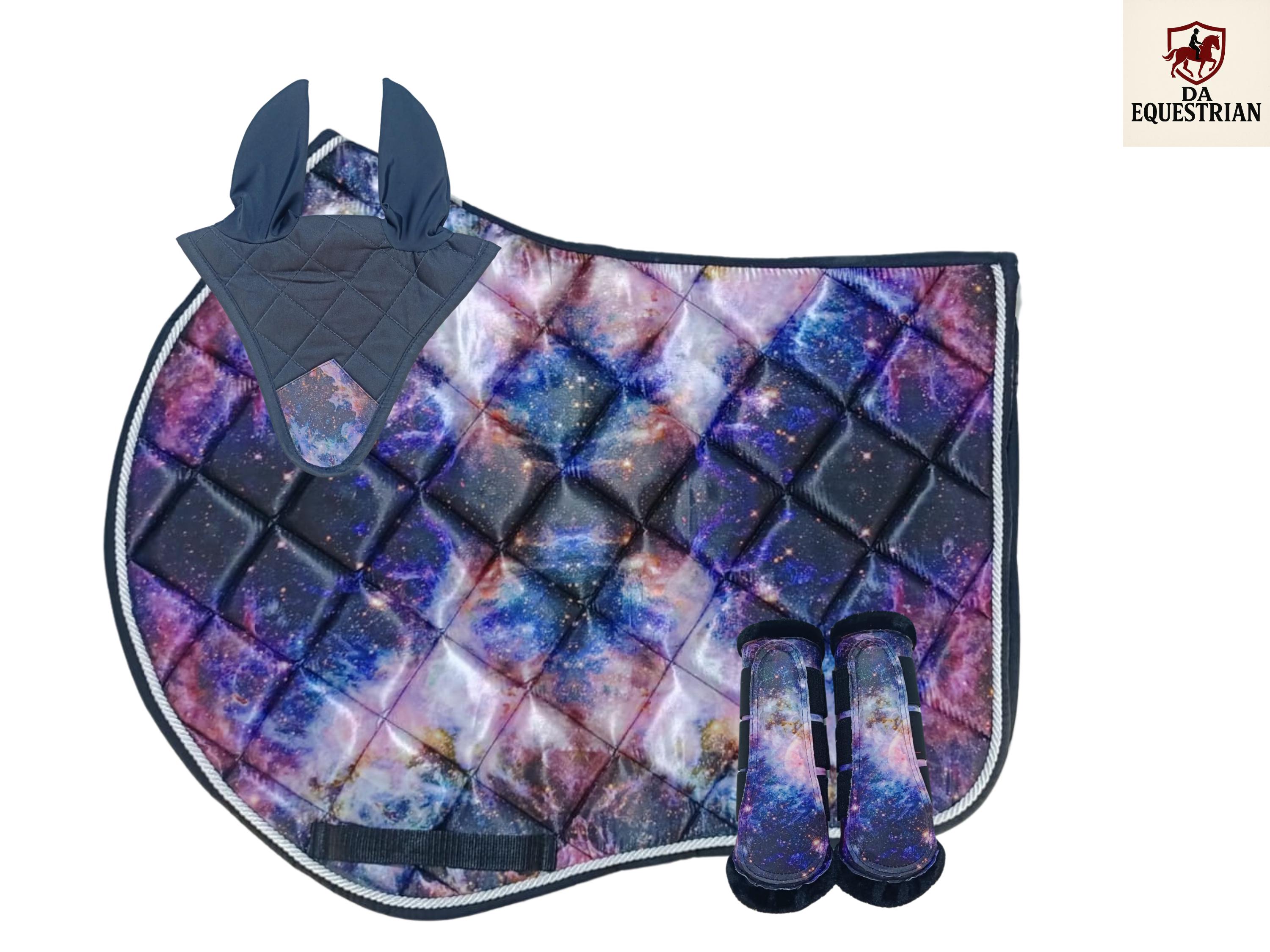 Galaxy Horse Saddle Pad Set | Equestrian Saddle Pad, Boots And Ear Bonnet | Cosmic Riding Gear Set