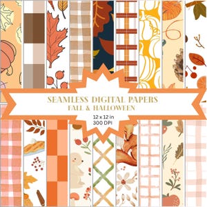 May include: A collection of seamless digital papers with fall and Halloween themes. The papers feature various patterns, including plaid, leaves, pumpkins, and a fox. The papers are 12 x 12 inches and 300 DPI.