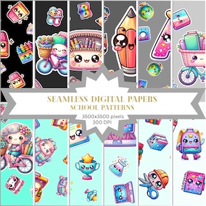 Puede incluir: Una colección de papeles digitales coloridos con ilustraciones temáticas escolares. Los diseños incluyen lápices, mochilas, globos terráqueos y bicicletas, todos en un estilo de dibujos animados lindo. El texto dice "SEAMLESS DIGITAL PAPERS SCHOOL PATTERNS".