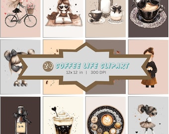 Watercolor coffee clipart bundle, coffee shop decor png jpeg files, cafe drink illustrations, latte mug clip art, digital download graphics