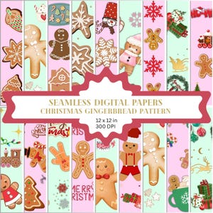 May include: A digital paper pack featuring a Christmas gingerbread pattern. The design includes gingerbread men, snowflakes, and Christmas-themed illustrations on pink and mint green backgrounds. The text reads "SEAMLESS DIGITAL PAPERS CHRISTMAS GINGERBREAD PATTERN".