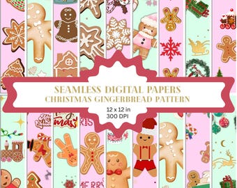 Può includere: Un pacchetto di carta digitale con un motivo a pan di zenzero natalizio. Il design include omini di pan di zenzero, fiocchi di neve e illustrazioni a tema natalizio su sfondi rosa e verde menta. Il testo recita "SEAMLESS DIGITAL PAPERS CHRISTMAS GINGERBREAD PATTERN".